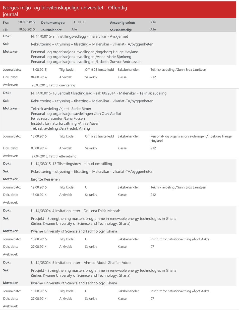 Høyland Personal- og organisasjons-avdelingen /Anne Marie Bjørkeng Personal- og organisasjons-avdelingen /Lisbeth Gunvor Andreassen Offl 25 første ledd Teknisk avdeling /Gunn Brox Lauritzen Dok.