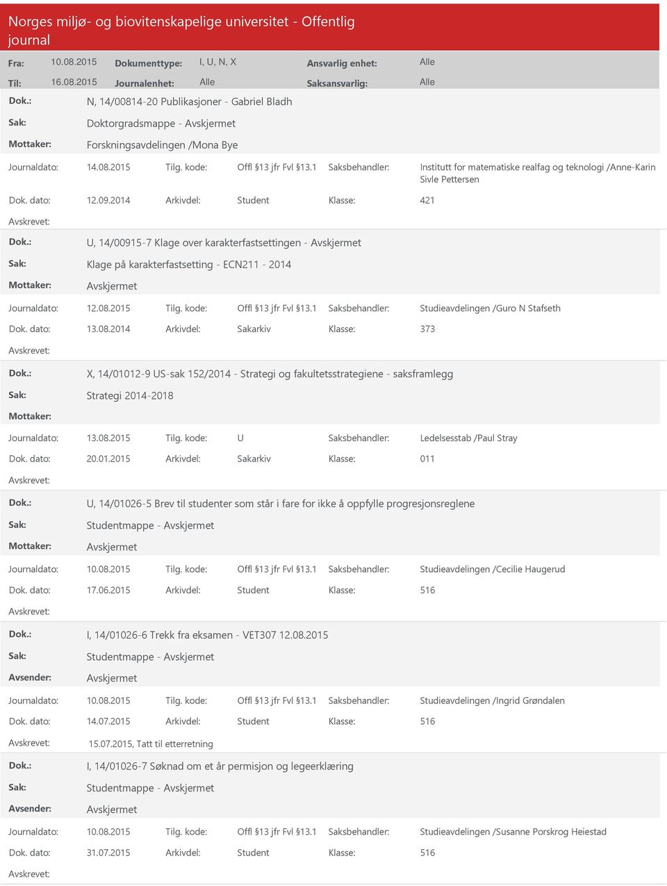 dato: 12.09.2014 Arkivdel: Student, 14/00915-7 Klage over karakterfastsettingen - Klage på karakterfastsetting - ECN211-2014 Studieavdelingen /Guro N Stafseth Dok. dato: 13.08.