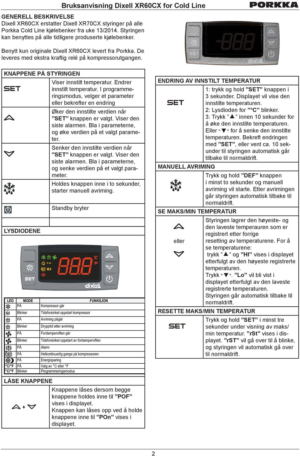 KNAPPENE PÅ STYRINGEN LYSDIODENE FRONT PANEL COMMANDS Viser innstilt temperatur. Endrer innstilt temperatur.