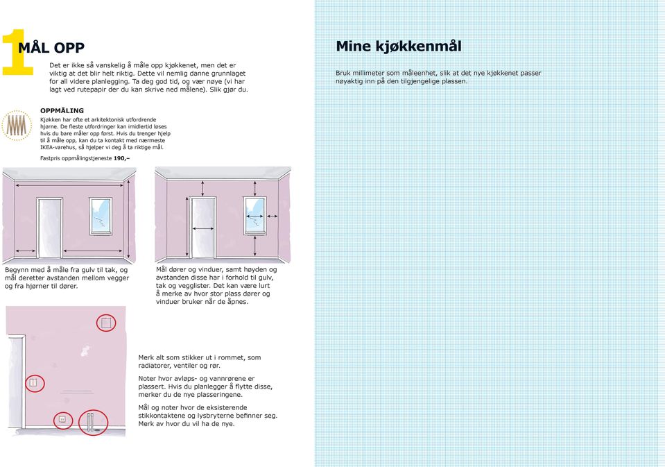 Mine kjøkkenmål Bruk millimeter som måleenhet, slik at det nye kjøkkenet passer nøyaktig inn på den tilgjengelige plassen. OPPMÅLING Kjøkken har ofte et arkitektonisk utfordrende hjørne.