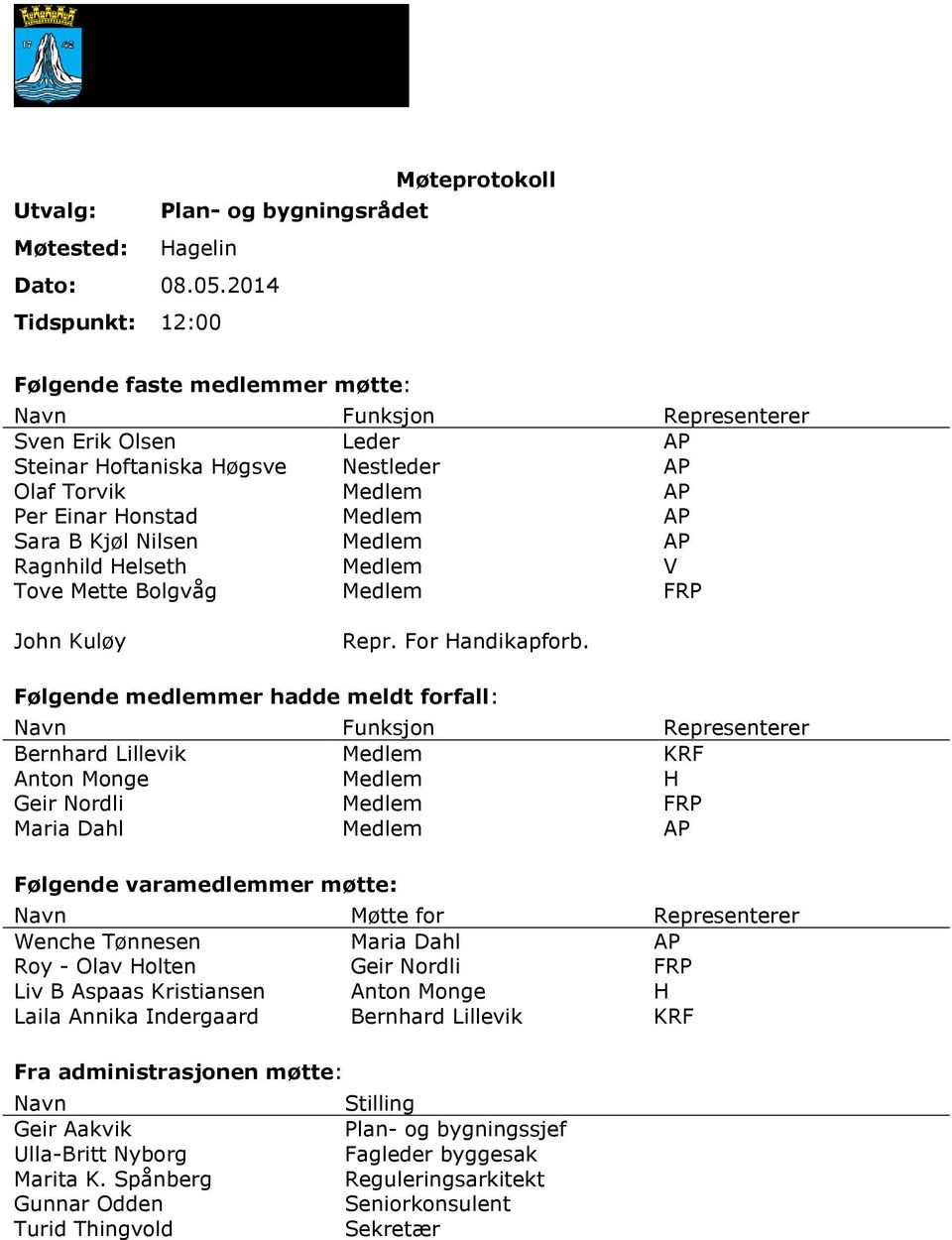 Sara B Kjøl Nilsen Medlem AP Ragnhild Helseth Medlem V Tove Mette Bolgvåg Medlem FRP John Kuløy Repr. For Handikapforb.