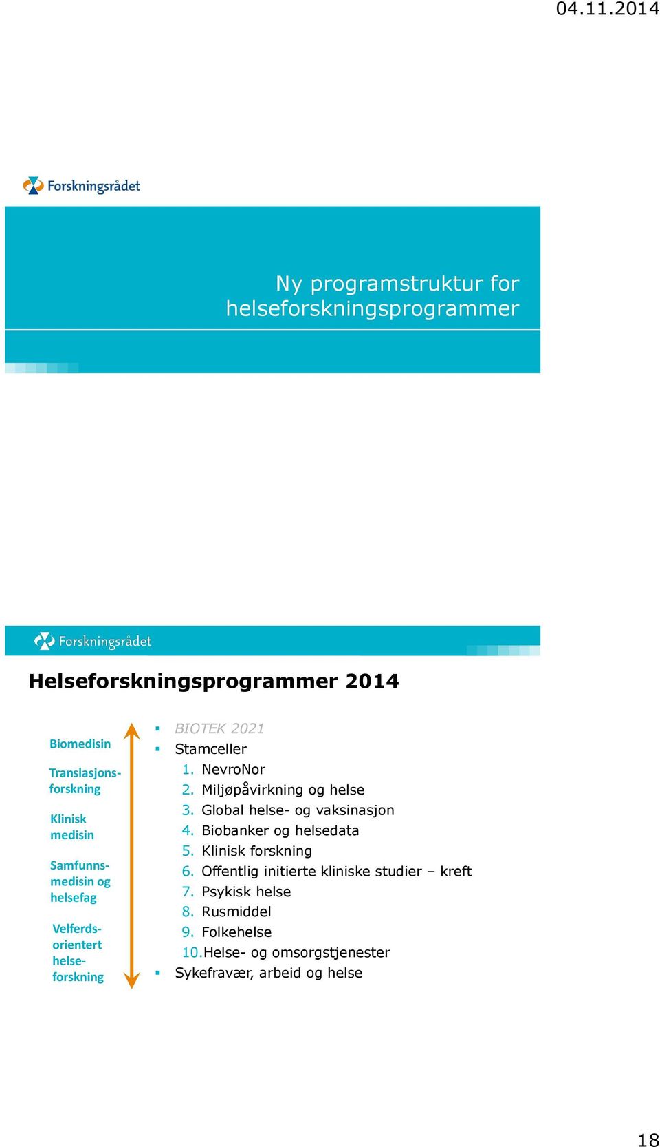 Miljøpåvirkning og helse 3. Global helse- og vaksinasjon 4. Biobanker og helsedata 5. Klinisk forskning 6.