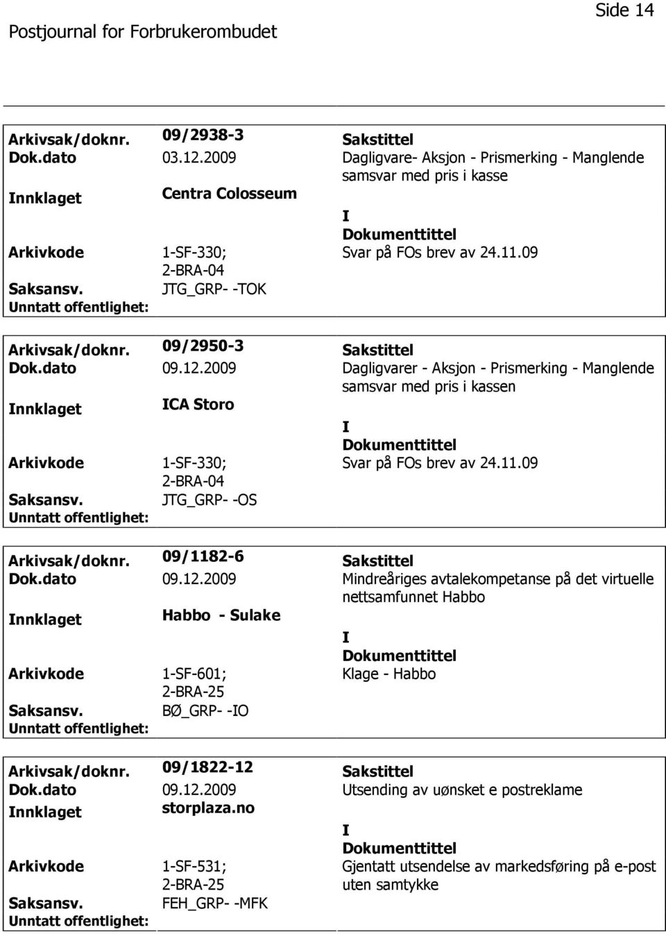 09/2950-3 Sakstittel Dok.dato 09.12.2009 Dagligvarer - Aksjon - Prismerking - Manglende samsvar med pris i kassen nnklaget CA Storo 1-SF-330; 2-BRA-04 Svar på FOs brev av 24.11.