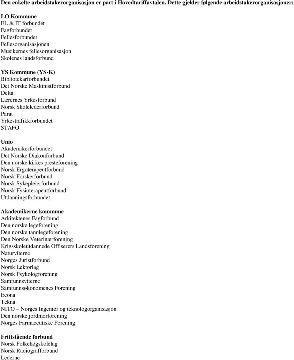 Bibliotekarforbundet Det Norske Maskinistforbund Delta Lærernes Yrkesforbund Norsk Skolelederforbund Parat Yrkestrafikkforbundet STAFO Unio Akademikerforbundet Det Norske Diakonforbund Den norske