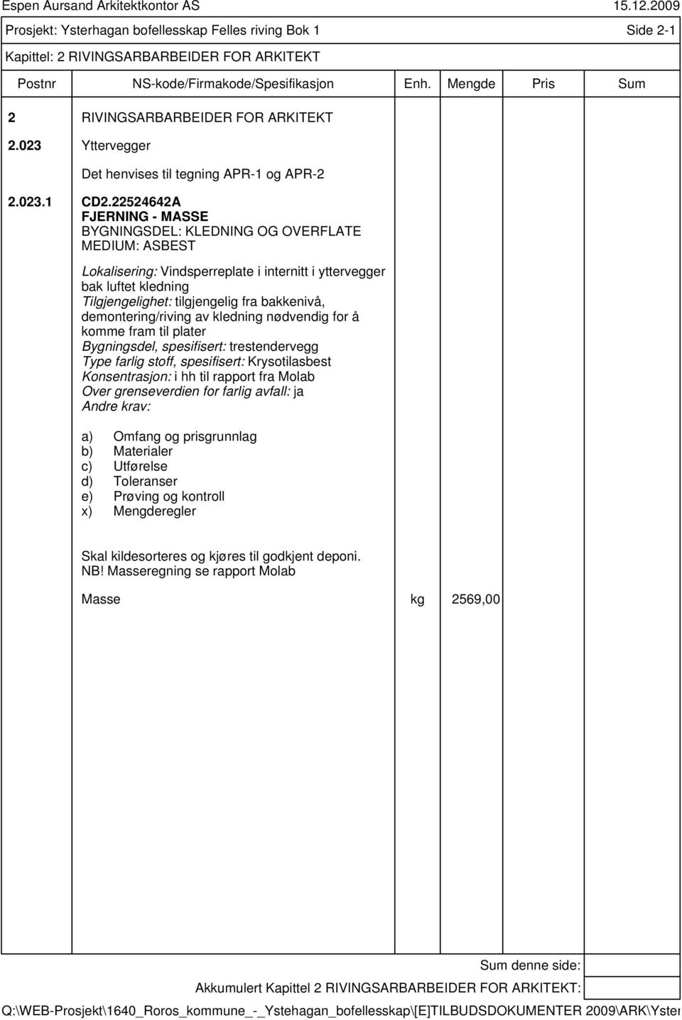 demontering/riving av kledning nødvendig for å komme fram til plater Bygningsdel, spesifisert: trestendervegg Type farlig stoff, spesifisert: Krysotilasbest