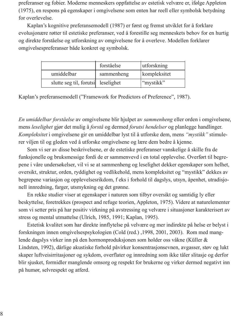 Kaplan s kognitive preferansemodell (1987) er først og fremst utviklet for å forklare evolusjonære røtter til estetiske preferanser, ved å forestille seg menneskets behov for en hurtig og direkte