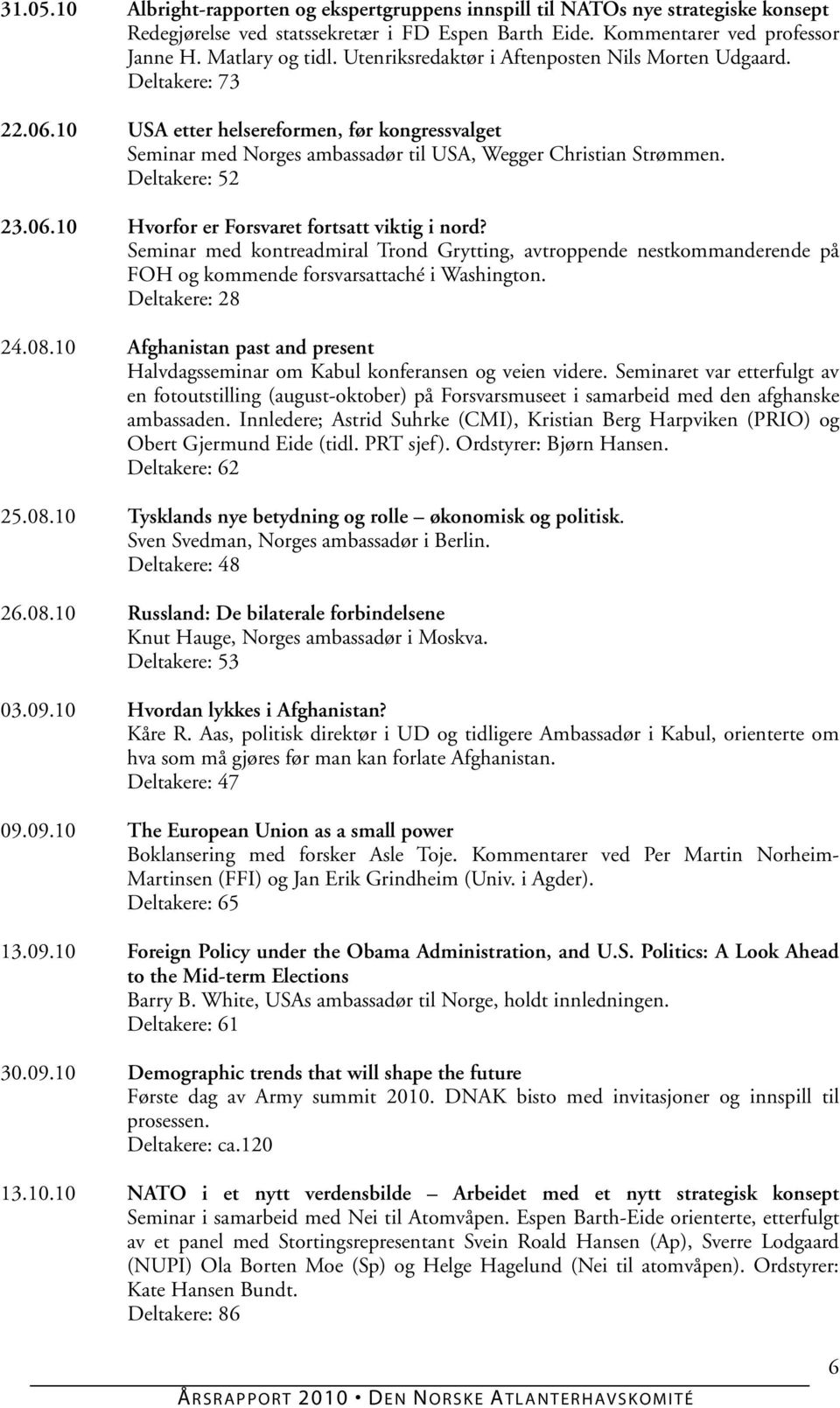 Deltakere: 52 23.06.10 Hvorfor er Forsvaret fortsatt viktig i nord? Seminar med kontreadmiral Trond Grytting, avtroppende nestkommanderende på FOH og kommende forsvarsattaché i Washington.