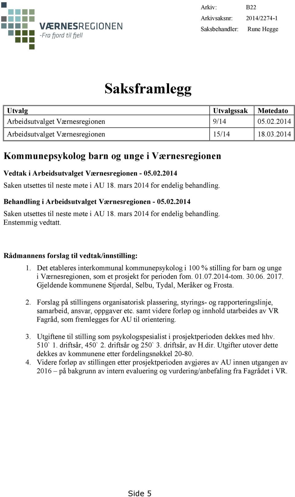 Behandling i Arbeidsutvalget Værnesregionen - 05.02.2014 Saken utsettes til neste møte i AU 18. mars 2014 for endelig behandling. Enstemmig vedtatt. Rådmannens forslag til vedtak/innstilling: 1.