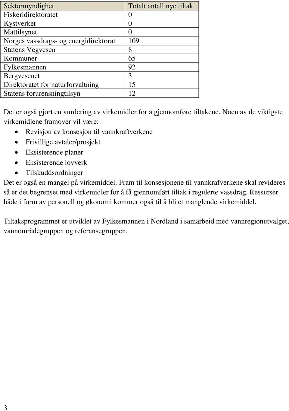 Noen av de viktigste virkemidlene framover vil være: Revisjon av konsesjon til vannkraftverkene Frivillige avtaler/prosjekt Eksisterende planer Eksisterende lovverk Tilskuddsordninger Det er også en