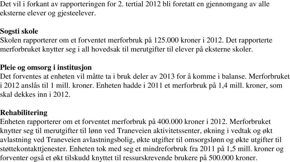 Pleie og omsorg i institusjon Det forventes at enheten vil måtte ta i bruk deler av 2013 for å komme i balanse. Merforbruket i 2012 anslås til 1 mill. kroner.