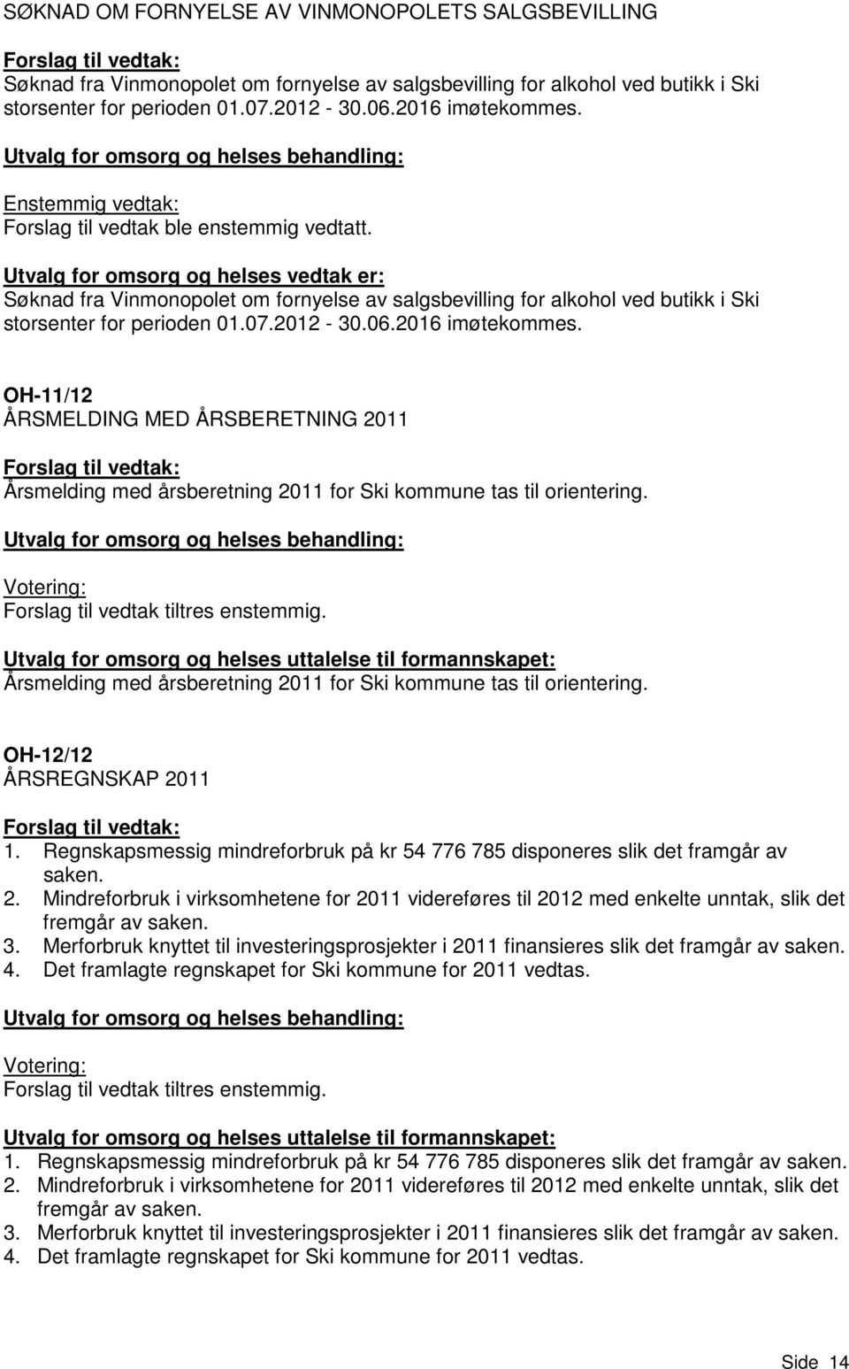 Utvalg for omsorg og helses vedtak er: Søknad fra Vinmonopolet om fornyelse av salgsbevilling for alkohol ved butikk i Ski storsenter for perioden 01.07.2012-30.06.2016 imøtekommes.