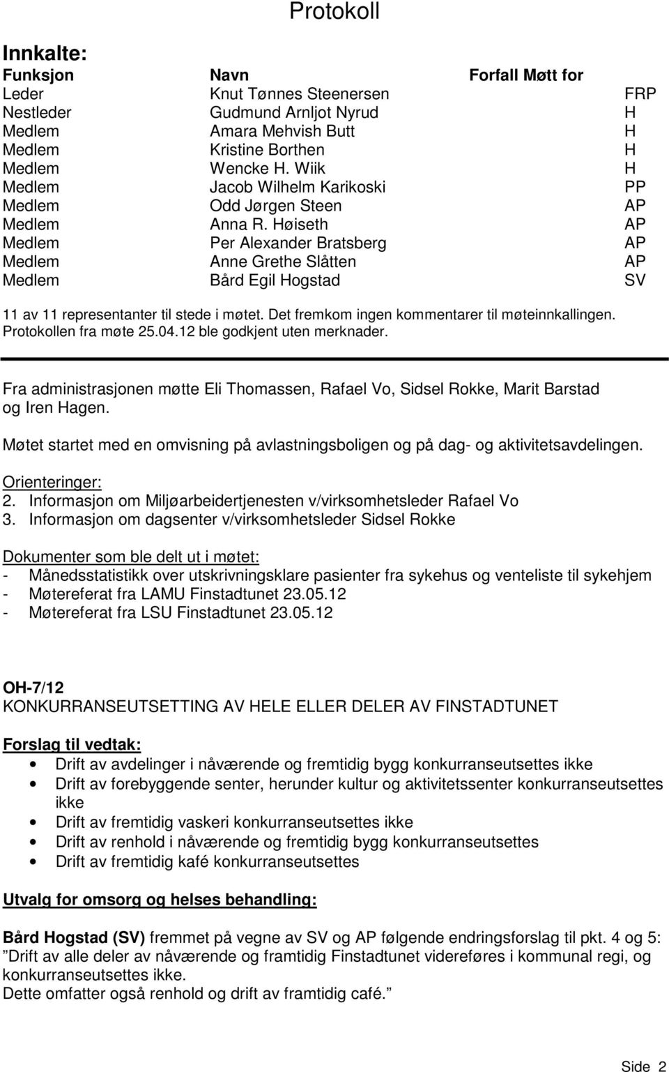 Høiseth AP Medlem Per Alexander Bratsberg AP Medlem Anne Grethe Slåtten AP Medlem Bård Egil Hogstad SV 11 av 11 representanter til stede i møtet. Det fremkom ingen kommentarer til møteinnkallingen.