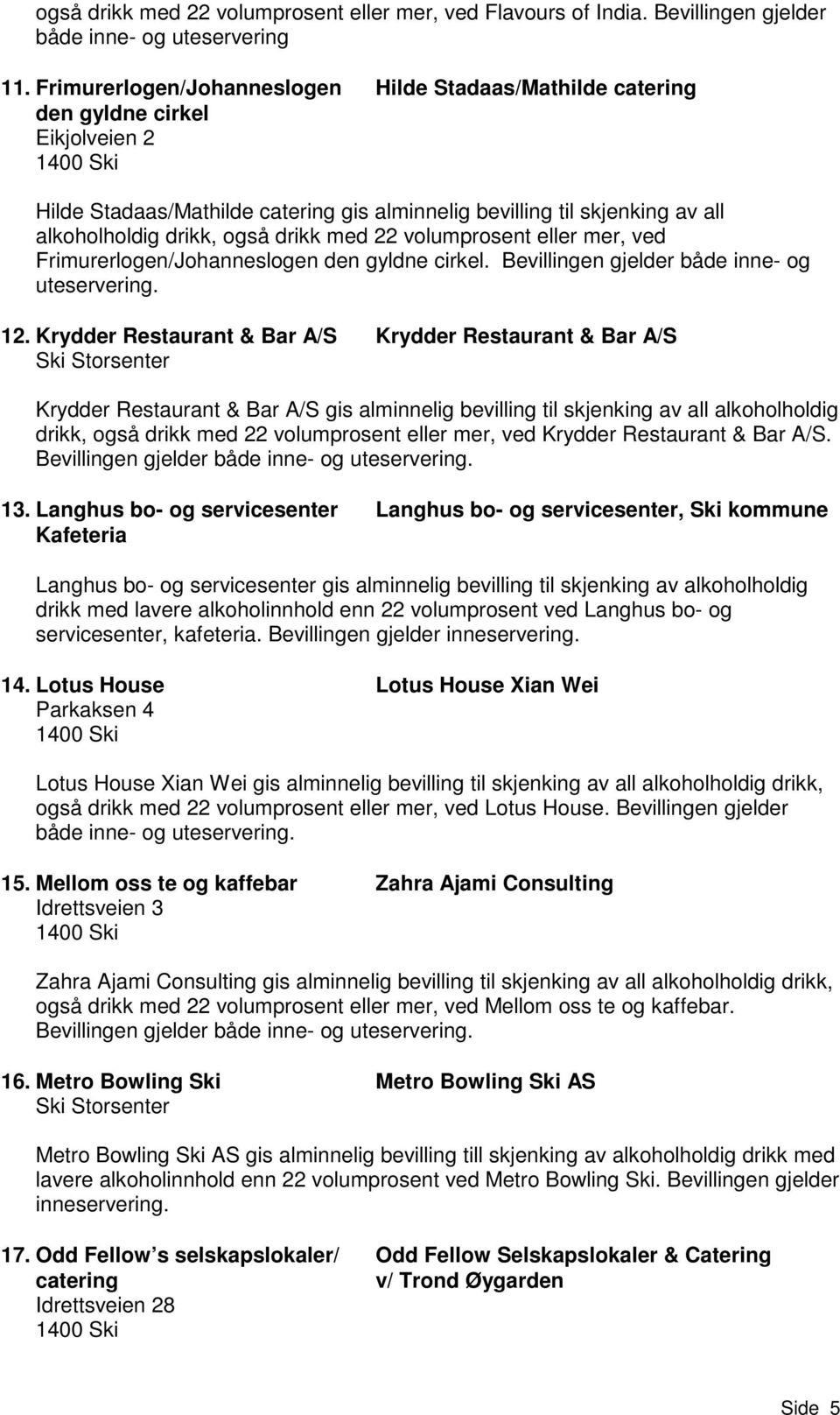 drikk med 22 volumprosent eller mer, ved Frimurerlogen/Johanneslogen den gyldne cirkel. Bevillingen gjelder både inne- og uteservering. 12.