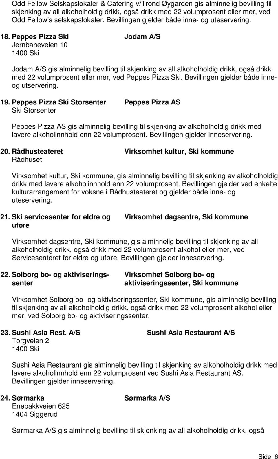 Peppes Pizza Ski Jodam A/S Jernbaneveien 10 Jodam A/S gis alminnelig bevilling til skjenking av all alkoholholdig drikk, også drikk med 22 volumprosent eller mer, ved Peppes Pizza Ski.