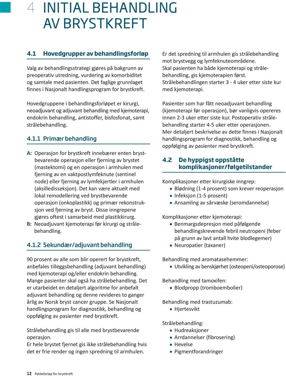 Hovedgruppene i behandlingsforløpet er kirurgi, neoadjuvant og adjuvant behandling med kjemo terapi, endokrin behandling, antistoffer, bisfosfonat, samt strålebehandling. 4.1.