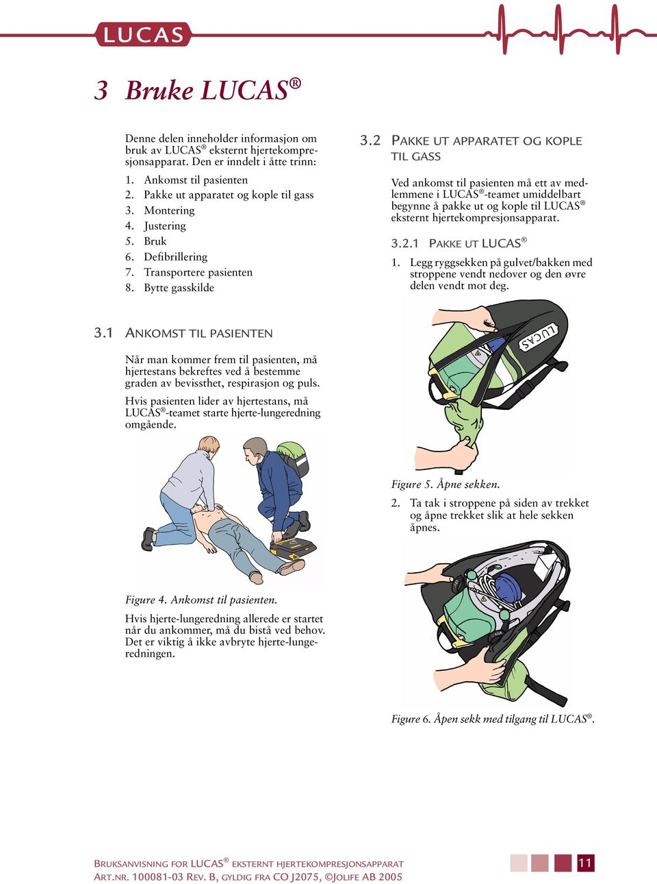 2 PAKKE UT APPARATET OG KOPLE TIL GASS Ved ankomst til pasienten må ett av medlemmene i LUCAS -teamet umiddelbart begynne å pakke ut og kople til LUCAS eksternt hjertekompresjonsapparat. 3.2.1 PAKKE UT LUCAS 1.