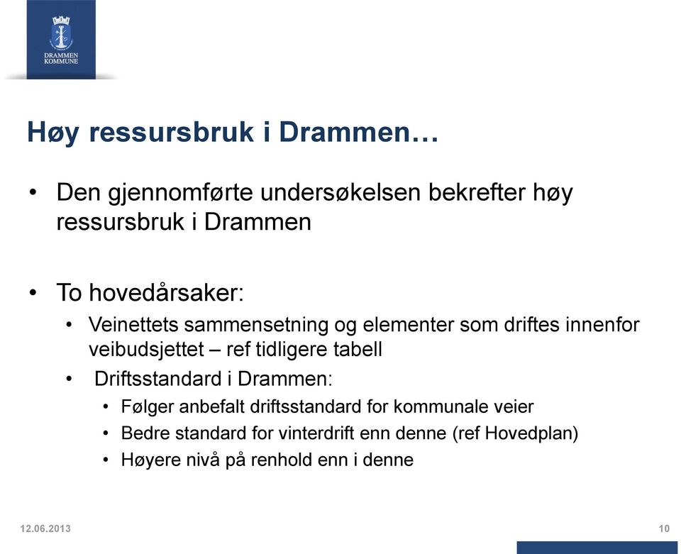 tidligere tabell Driftsstandard i Drammen: Følger anbefalt driftsstandard for kommunale veier