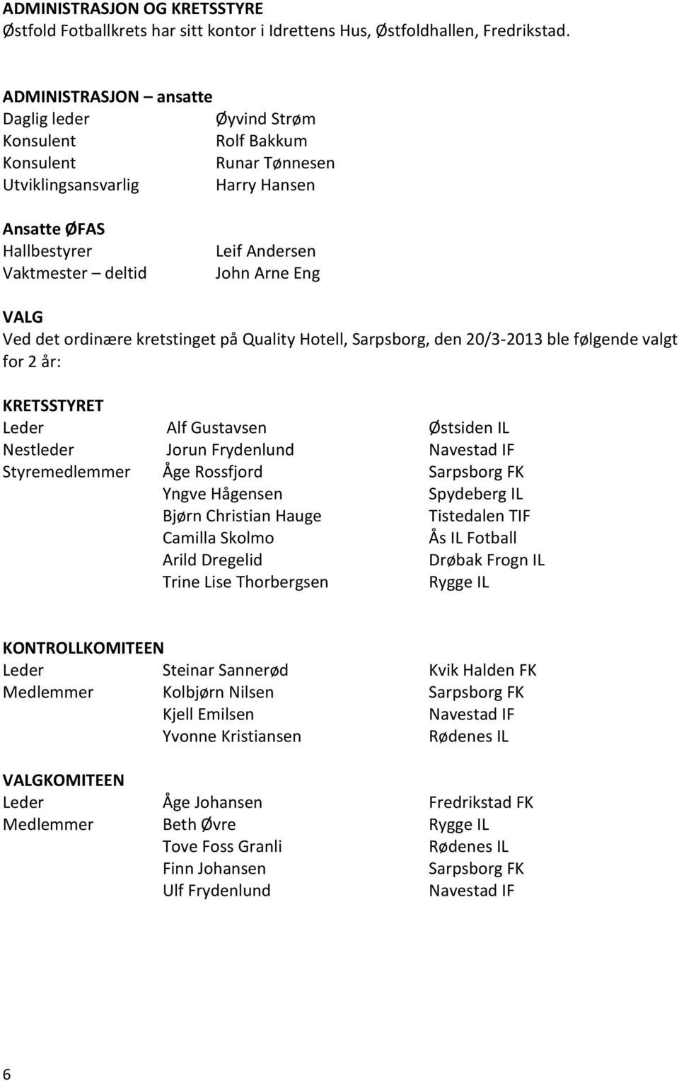 Eng VALG Ved det ordinære kretstinget på Quality Hotell, Sarpsborg, den 20/3-2013 ble følgende valgt for 2 år: KRETSSTYRET Leder Alf Gustavsen Østsiden IL Nestleder Jorun Frydenlund Navestad IF