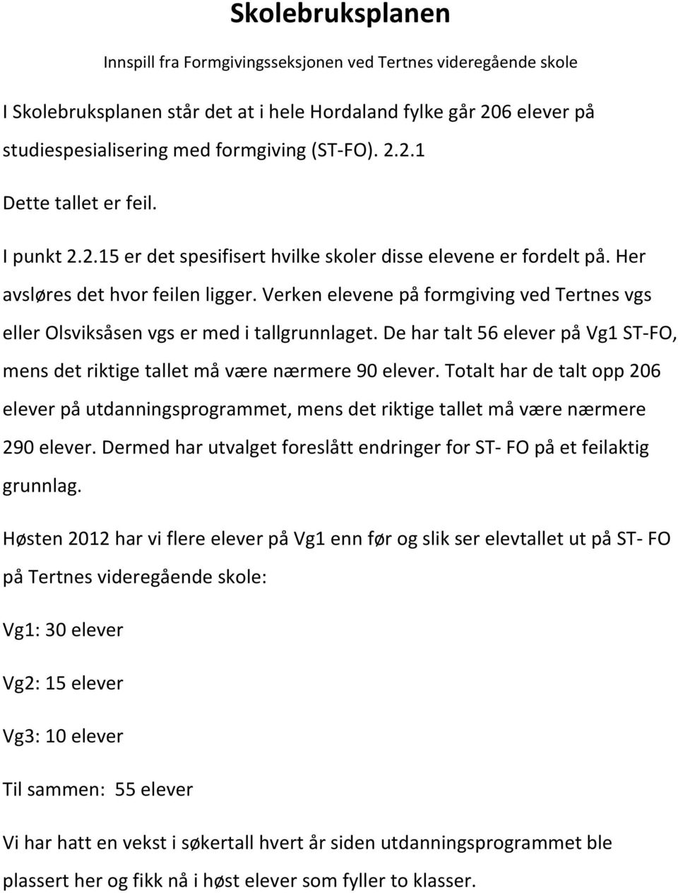 Verken elevene på formgiving ved Tertnes vgs eller Olsviksåsen vgs er med i tallgrunnlaget. De har talt 56 elever på Vg1 ST-FO, mens det riktige tallet må være nærmere 90 elever.