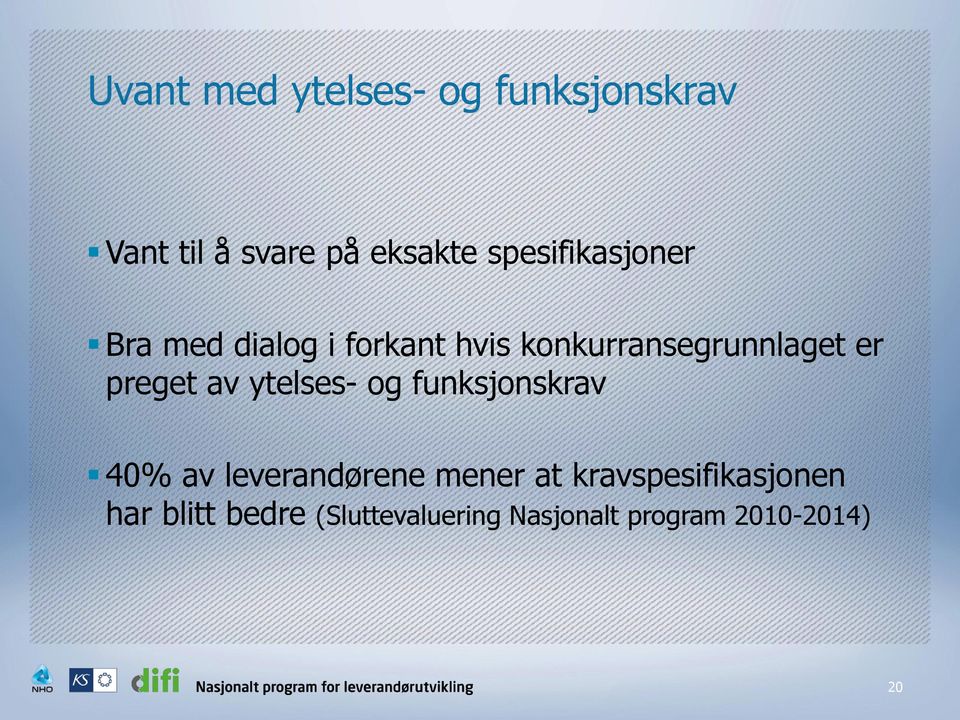 preget av ytelses- og funksjonskrav 40% av leverandørene mener at