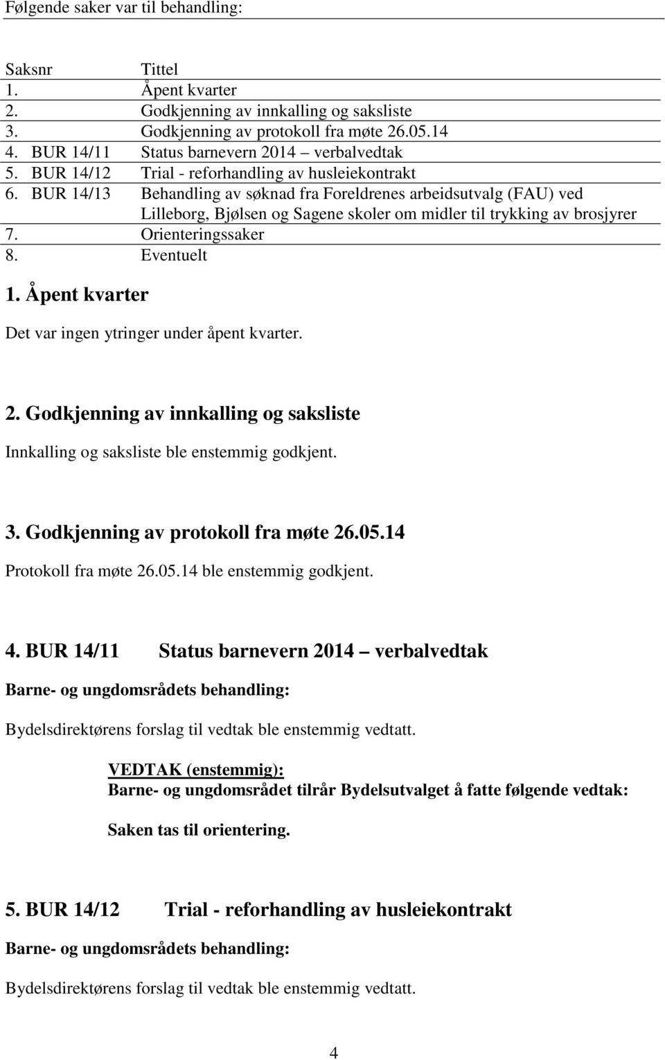 BUR 14/13 Behandling av søknad fra Foreldrenes arbeidsutvalg (FAU) ved Lilleborg, Bjølsen og Sagene skoler om midler til trykking av brosjyrer 7. Orienteringssaker 8. Eventuelt 1.