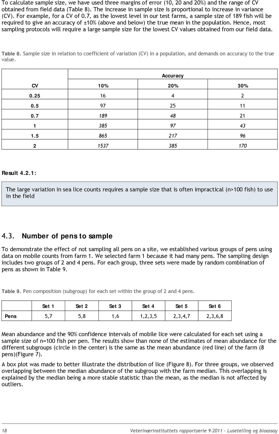 7, as the lowest level in our test farms, a sample size of 189 fish will be required to give an accuracy of ±10% (above and below) the true mean in the population.