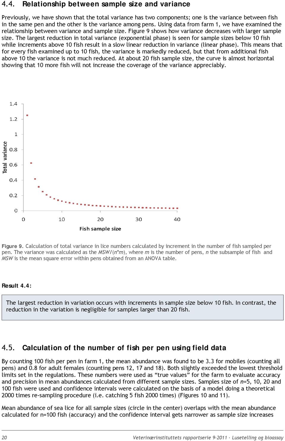 The largest reduction in total variance (exponential phase) is seen for sample sizes below 10 fish while increments above 10 fish result in a slow linear reduction in variance (linear phase).