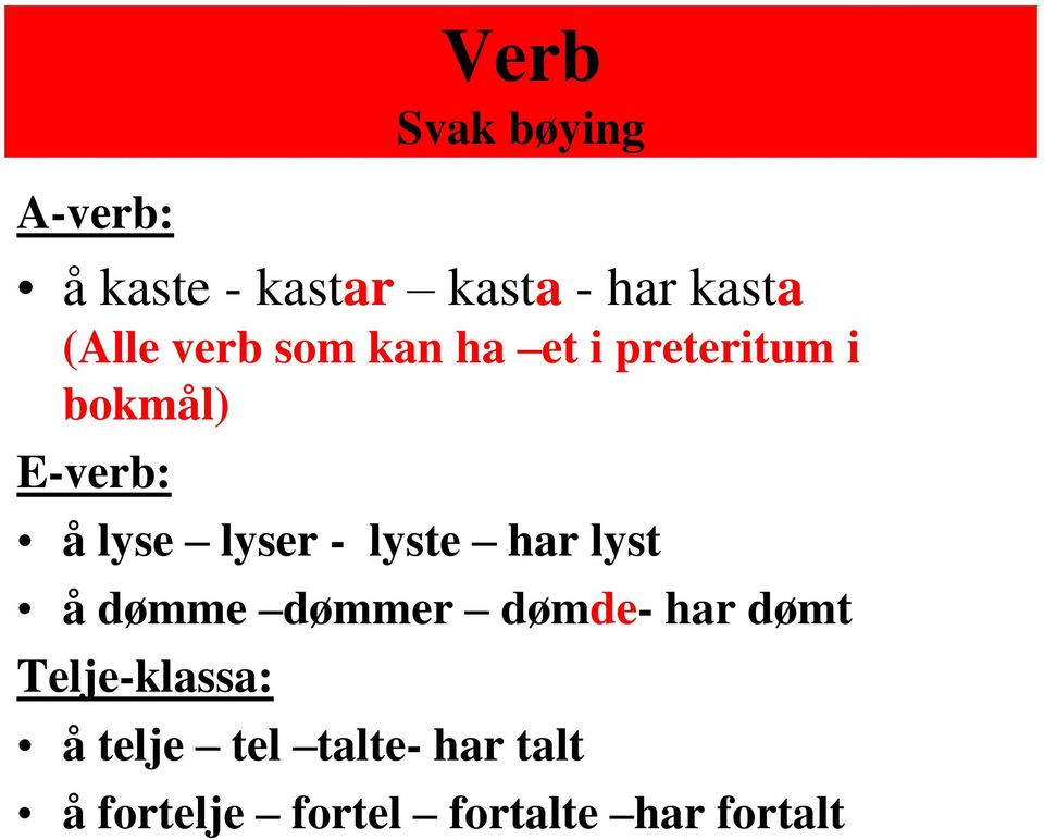 lyser - lyste har lyst å dømme dømmer dømde- har dømt