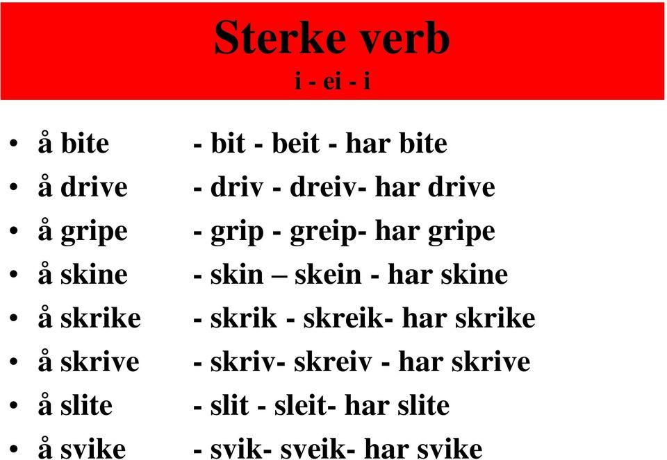 greip- har gripe - skin skein - har skine - skrik - skreik- har skrike -