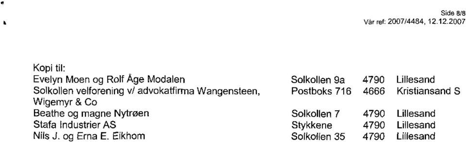 velforening v/ advokatfirma Wangensteen, Postboks 716 4666 Kristiansand S Wigemyr & Co