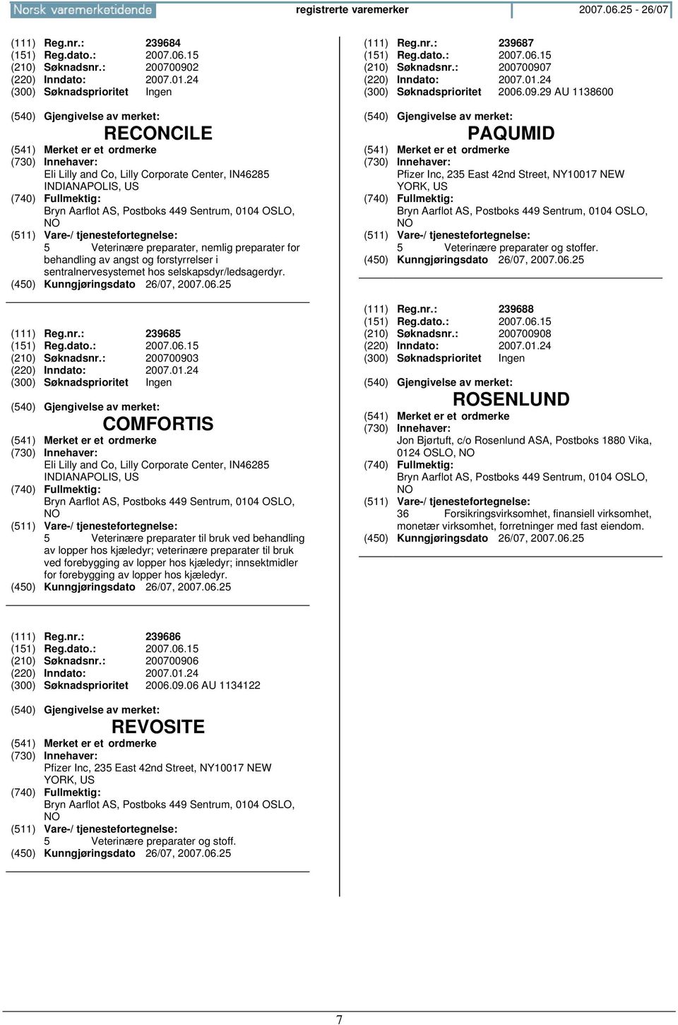 forstyrrelser i sentralnervesystemet hos selskapsdyr/ledsagerdyr. (111) Reg.nr.: 239685 (151) Reg.dato.: (210) Søknadsnr.: 200700903 (220) Inndato: 2007.01.