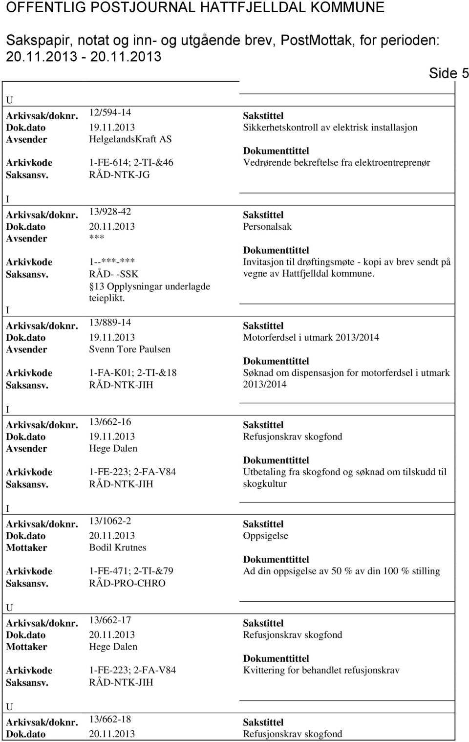 13/928-42 Sakstittel Dok.dato 20.11.2013 Personalsak Arkivkode 1--***-*** nvitasjon til drøftingsmøte - kopi av brev sendt på Saksansv. RÅD- -SSK vegne av Hattfjelldal kommune. Arkivsak/doknr.