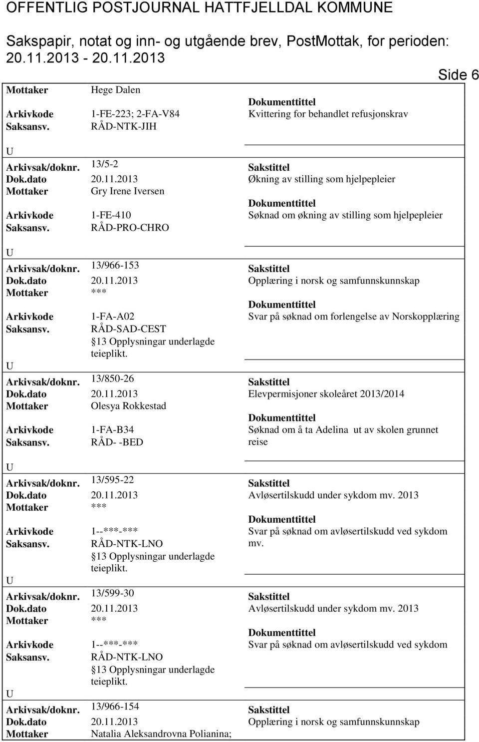 13/966-153 Sakstittel Arkivkode 1-FA-A02 Svar på søknad om forlengelse av Norskopplæring Arkivsak/doknr. 13/850-26 Sakstittel Dok.dato 20.11.