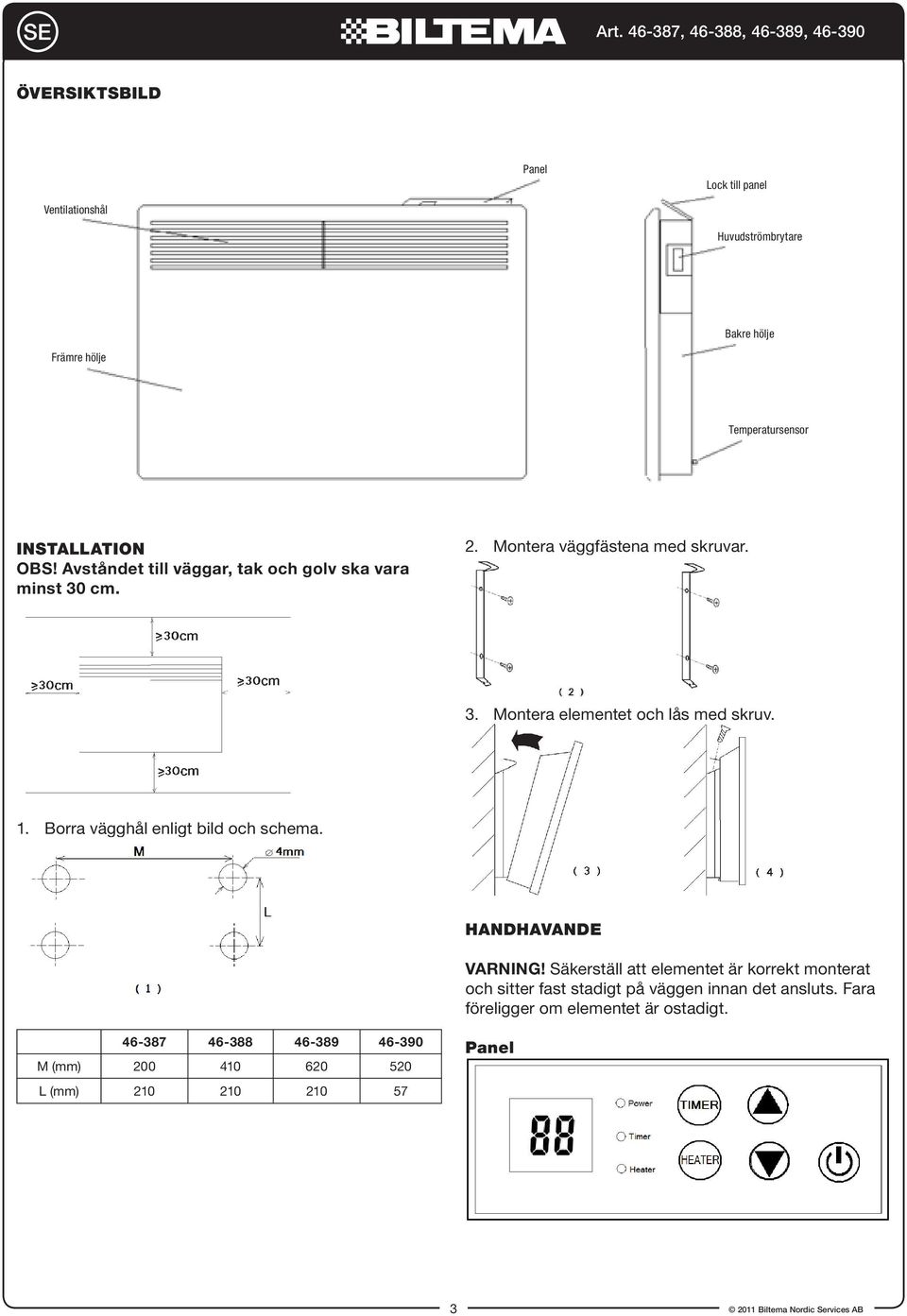 Borra vägghål enligt bild och schema. HANDHAVANDE VARNING!