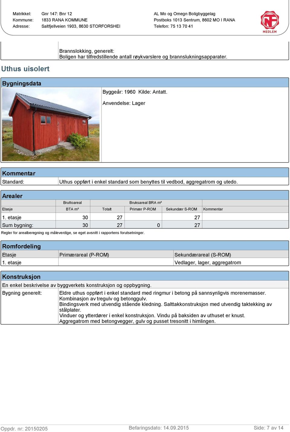 etasje 30 27 Sum bygning: 30 27 Sekundær S-ROM Kommentar 27 0 27 Regler for arealberegning og måleverdige, se eget avsnitt i rapportens forutsetninger.