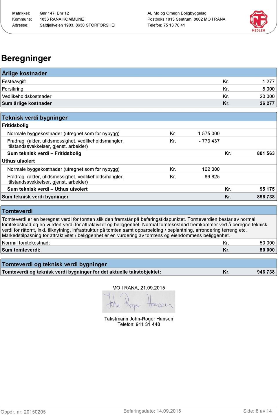 arbeider) Sum teknisk verdi Fritidsbolig - 773 437 801 563 95 175 896 738 Uthus uisolert Normale byggekostnader (utregnet som for nybygg) 162 000 Fradrag (alder, utidsmessighet, vedlikeholdsmangler,