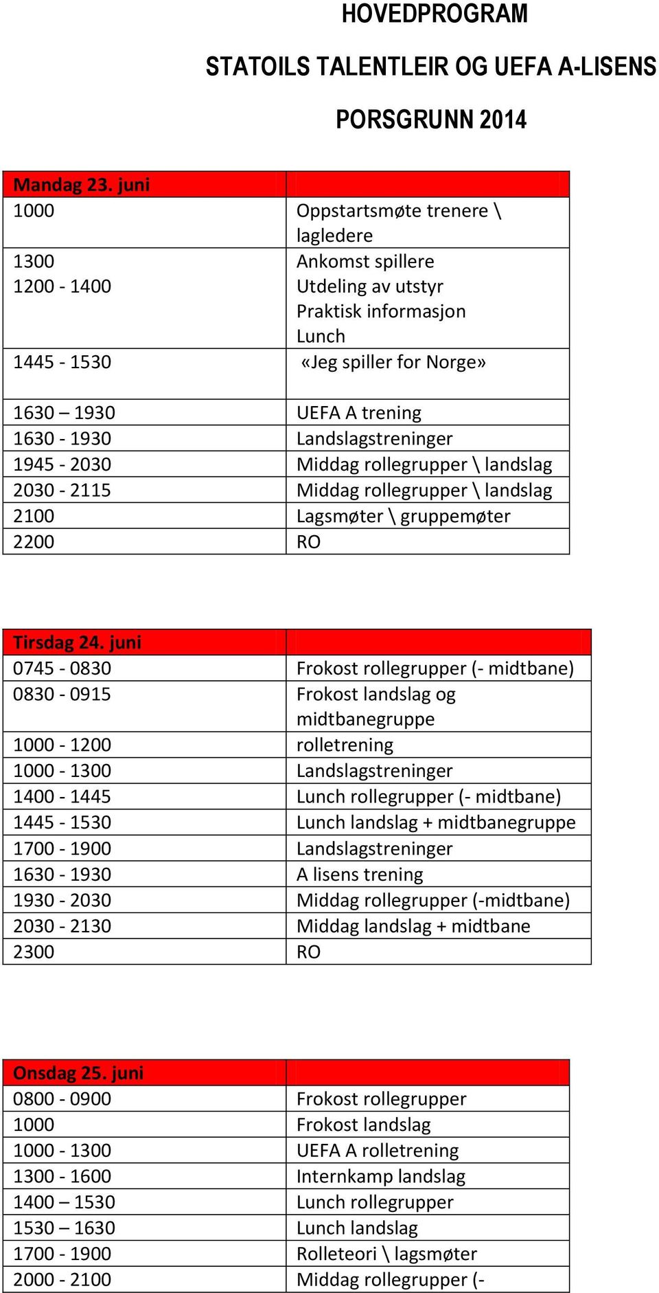 Landslagstreninger 1945-2030 Middag rollegrupper \ landslag 2030-2115 Middag rollegrupper \ landslag 2100 Lagsmøter \ gruppemøter 2200 RO Tirsdag 24.