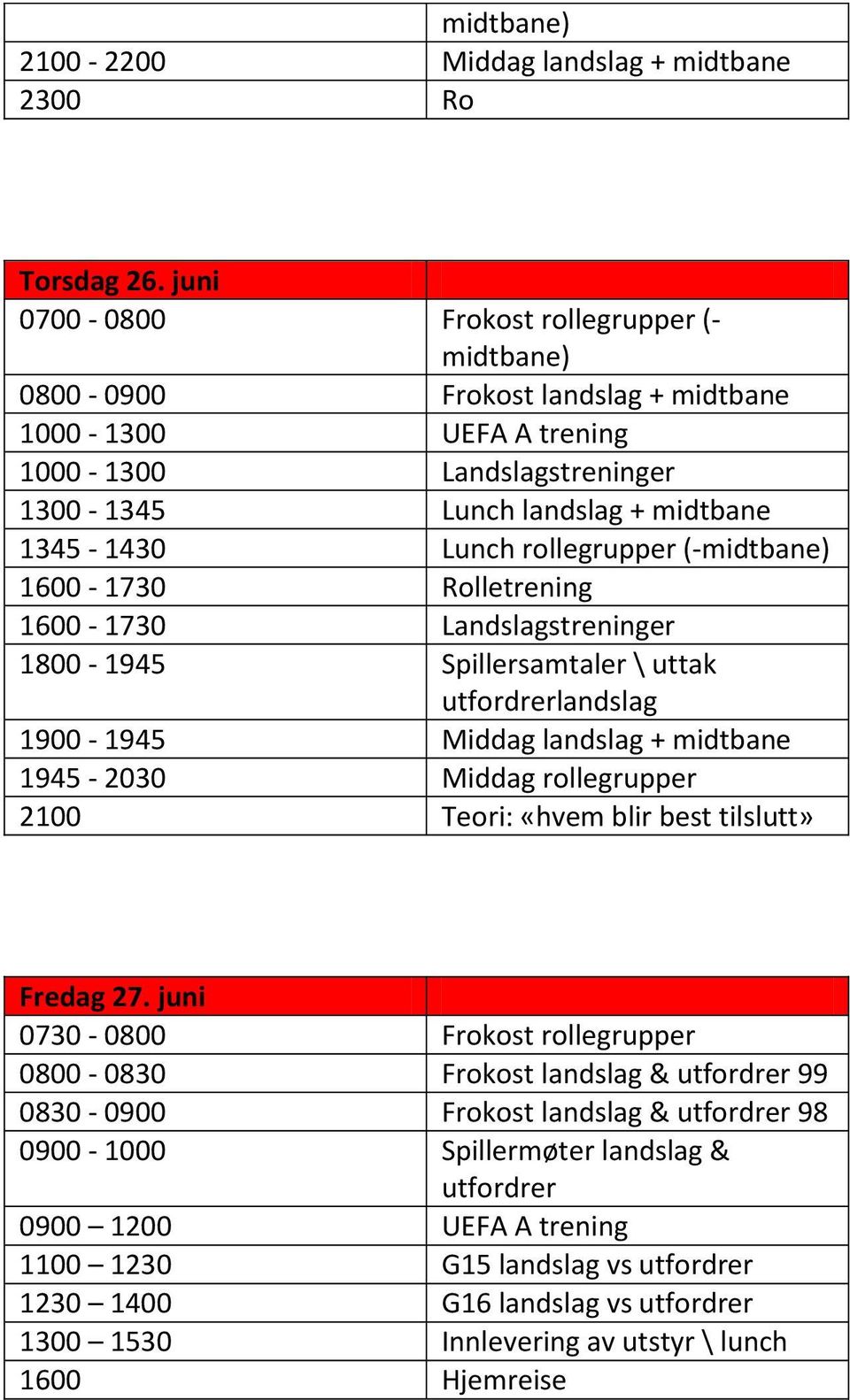 rollegrupper (-midtbane) 1600-1730 Rolletrening 1600-1730 Landslagstreninger 1800-1945 Spillersamtaler \ uttak utfordrerlandslag 1900-1945 Middag landslag + midtbane 1945-2030 Middag rollegrupper