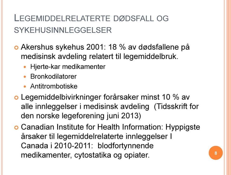 Hjerte-kar medikamenter Bronkodilatorer Antitrombotiske Legemiddelbivirkninger forårsaker minst 10 % av alle innleggelser i