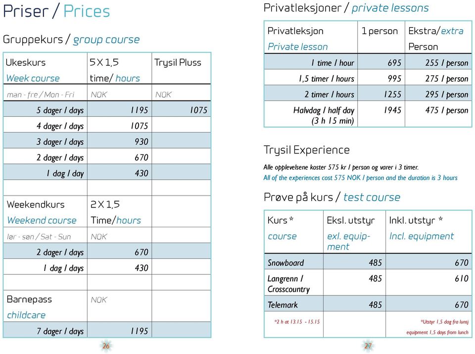 475 / person 3 dager / days 930 2 dager / days 670 1 dag / day 430 Trysil Experience Alle opplelsene koster 575 kr / person og varer i 3 timer.