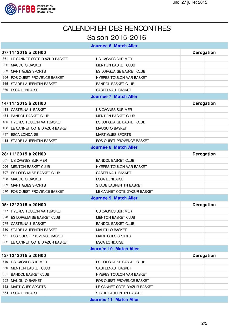 BASKET US CAGNES SUR MER 434 BANDOL BASKET CLUB MENTON BASKET CLUB 435 HYERES TOULON VAR BASKET ES LORGUAISE BASKET CLUB 436 LE CANNET COTE D'AZUR BASKET MAUGUIO BASKET 437 ESCA LONDAISE MARTIGUES