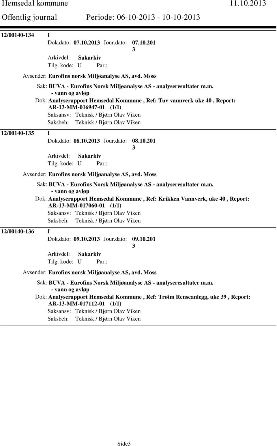 m. - vann og avløp Dok: Analyserapport Hemsedal Kommune, Ref: Tuv vannverk uke 40, Report: AR-1-MM-016947-01 (1/1) Saksansv: Teknisk / Bjørn Olav Viken Saksbeh: Teknisk / Bjørn Olav Viken 12/00140-15