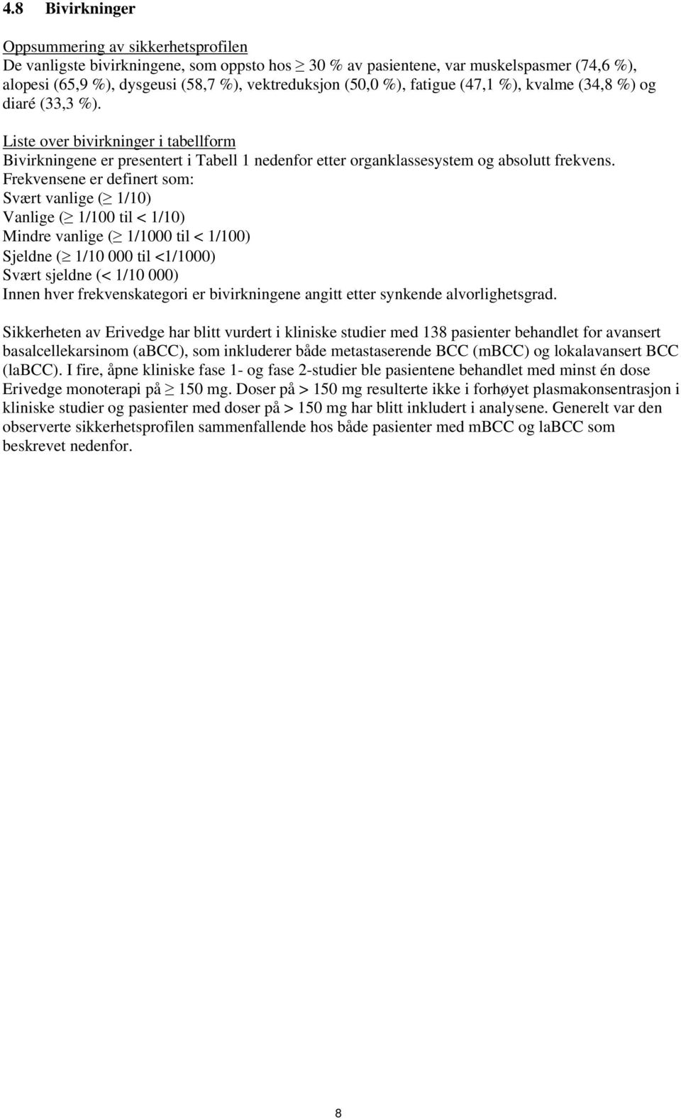 Frekvensene er definert som: Svært vanlige ( 1/10) Vanlige ( 1/100 til < 1/10) Mindre vanlige ( 1/1000 til < 1/100) Sjeldne ( 1/10 000 til <1/1000) Svært sjeldne (< 1/10 000) Innen hver