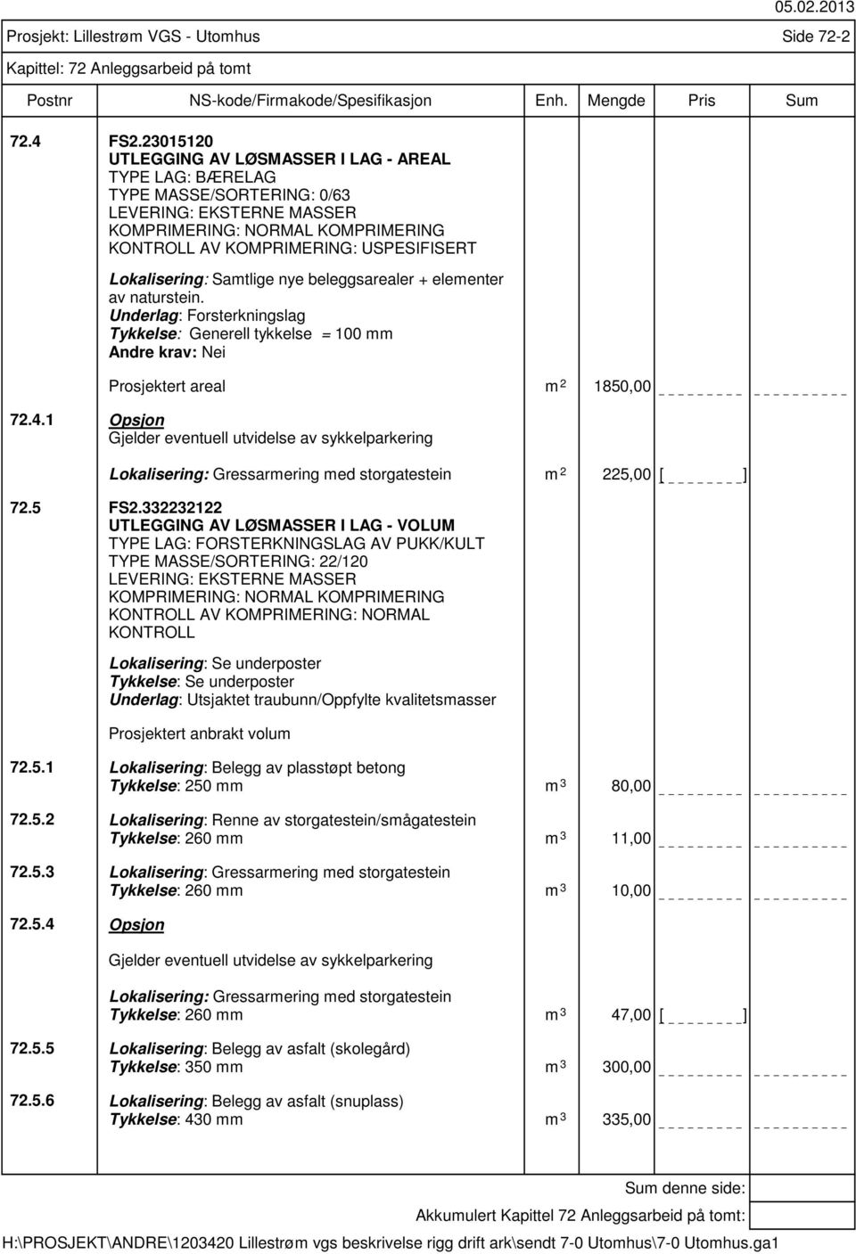 Lokalisering: Samtlige nye beleggsarealer + elementer av naturstein. Underlag: Forsterkningslag Tykkelse: Generell tykkelse = 100 mm Prosjektert areal m 2 1850,00 72.4.