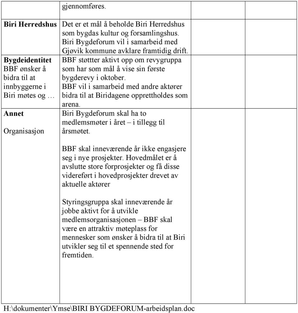 BBF vil i samarbeid med andre aktører bidra til at Biridagene opprettholdes som arena. Biri Bygdeforum skal ha to medlemsmøter i året i tillegg til årsmøtet.
