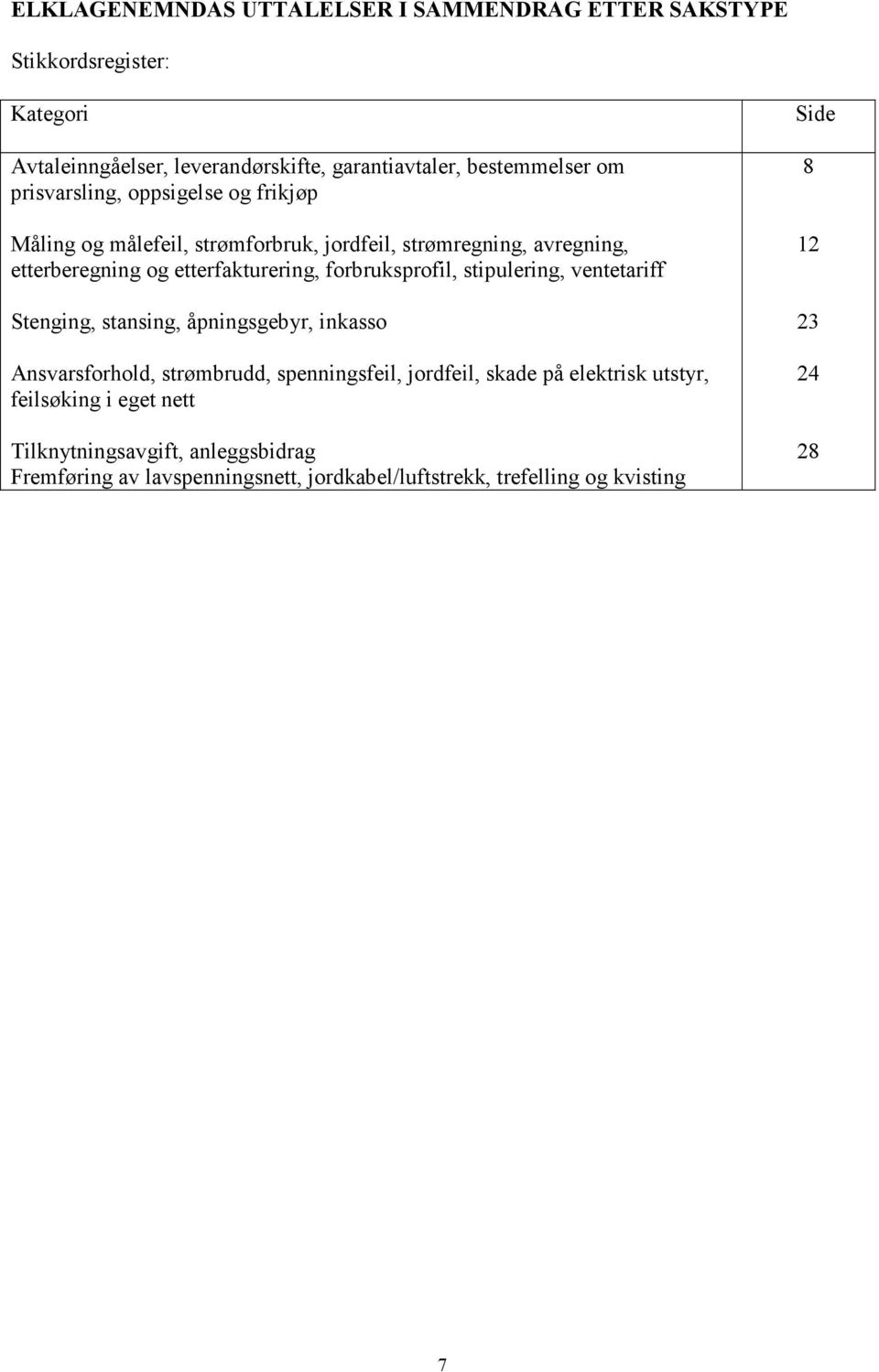 forbruksprofil, stipulering, ventetariff Stenging, stansing, åpningsgebyr, inkasso Ansvarsforhold, strømbrudd, spenningsfeil, jordfeil, skade på