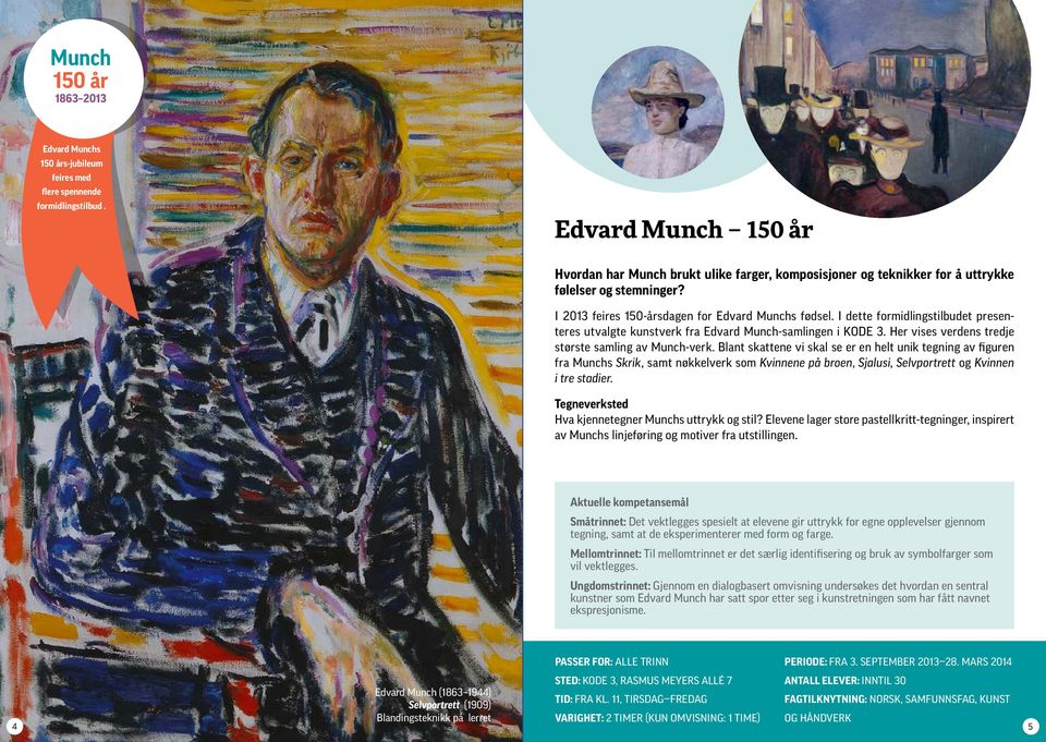 I dette formidlingstilbudet presenteres utvalgte kunstverk fra Edvard Munch-samlingen i KODE 3. Her vises verdens tredje største samling av Munch-verk.