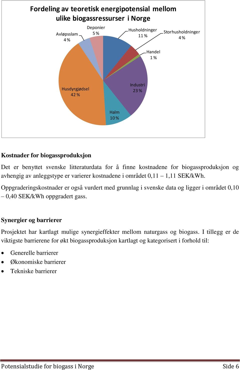 Oppgraderingskostnader er også vurdert med grunnlag i svenske data og ligger i området 0,10 0,40 SEK/kWh oppgradert gass.
