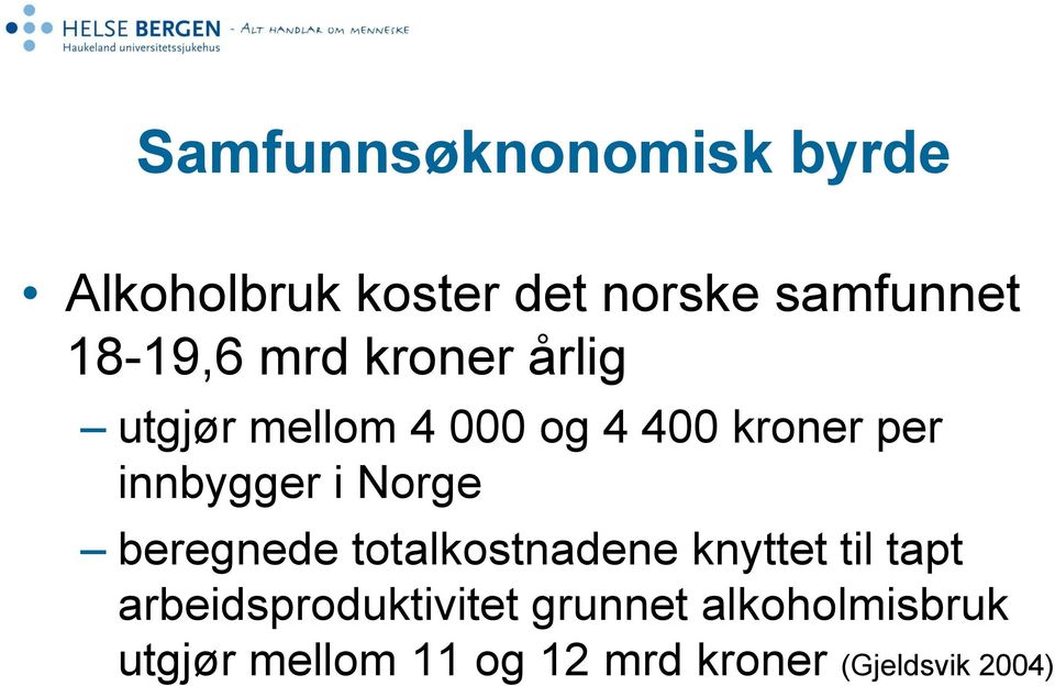 innbygger i Norge beregnede totalkostnadene knyttet til tapt