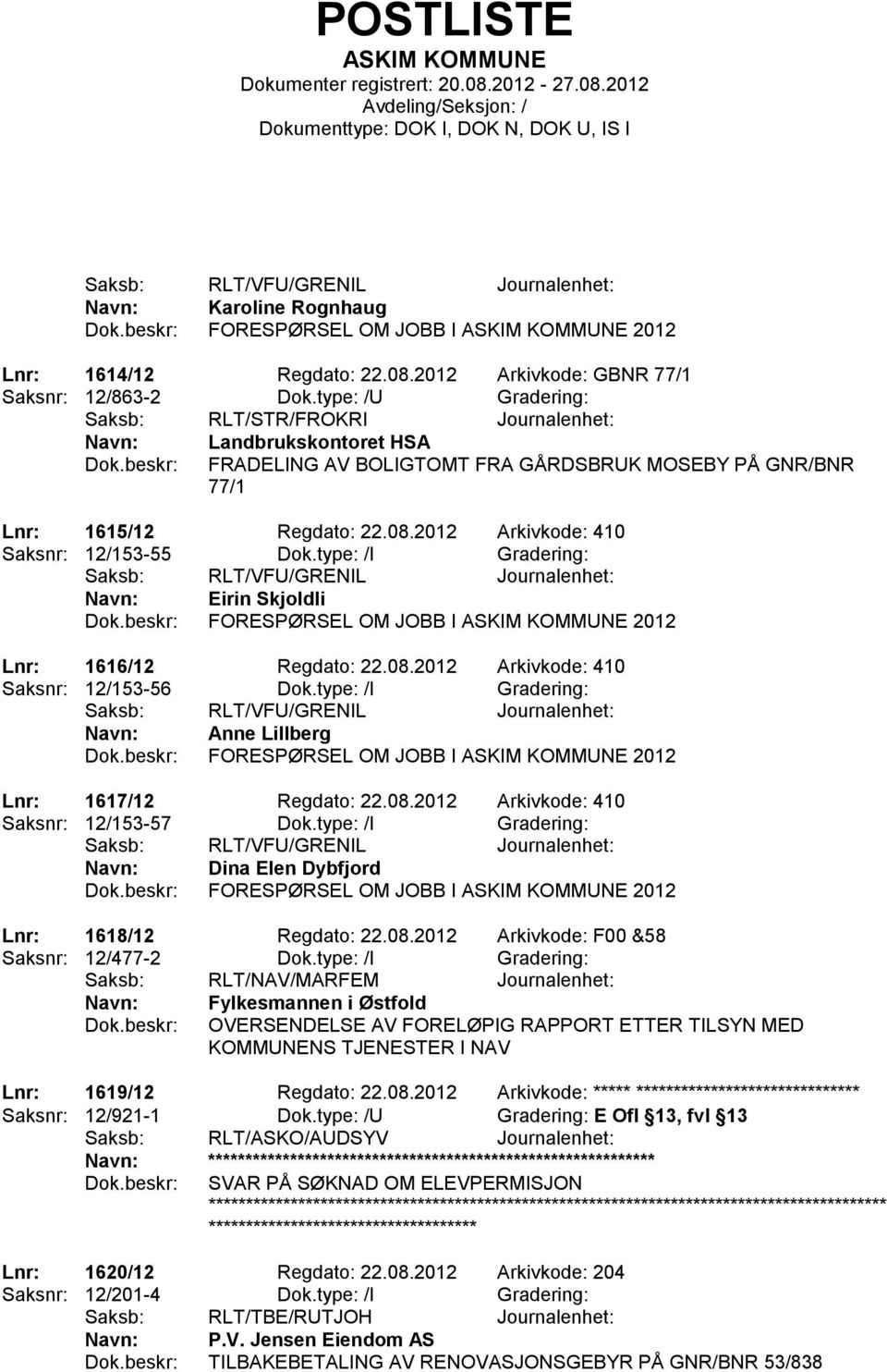 2012 Arkivkode: 410 Saksnr: 12/153-55 Dok.type: /I Gradering: Eirin Skjoldli FORESPØRSEL OM JOBB I 2012 Lnr: 1616/12 Regdato: 22.08.2012 Arkivkode: 410 Saksnr: 12/153-56 Dok.